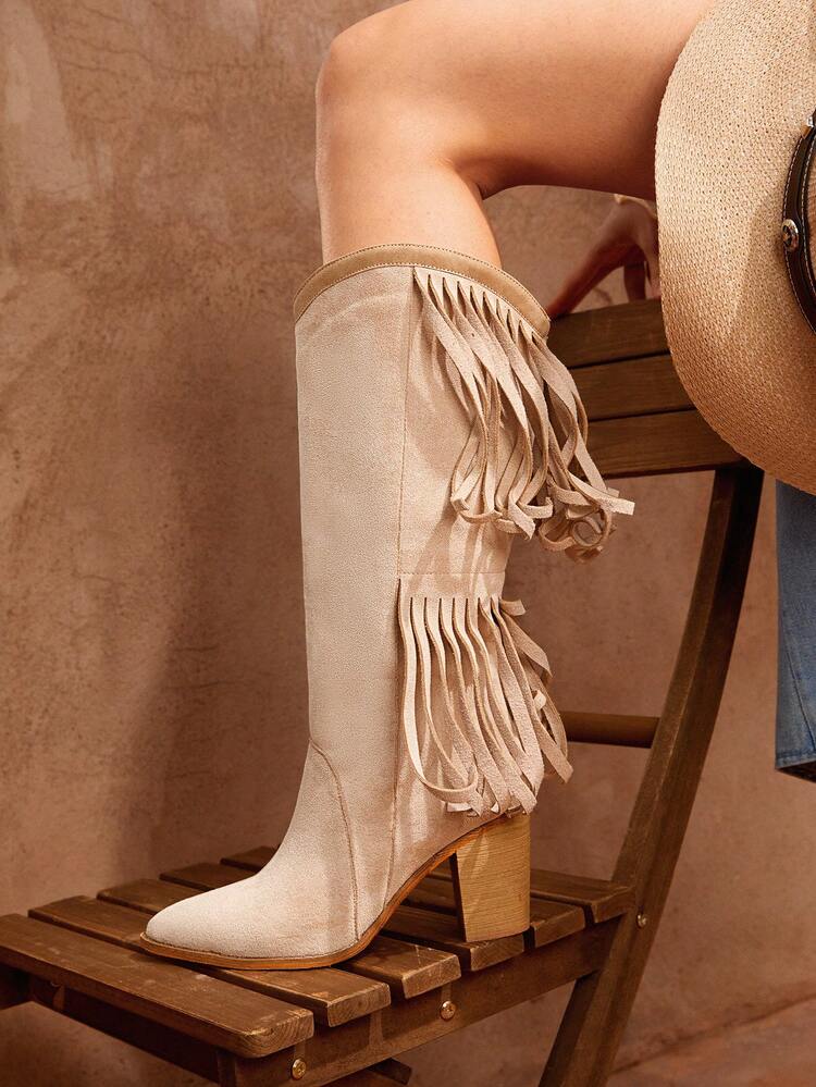 Fashion Women's Pointed Toe Chunky Heel Long Boots With Tassels