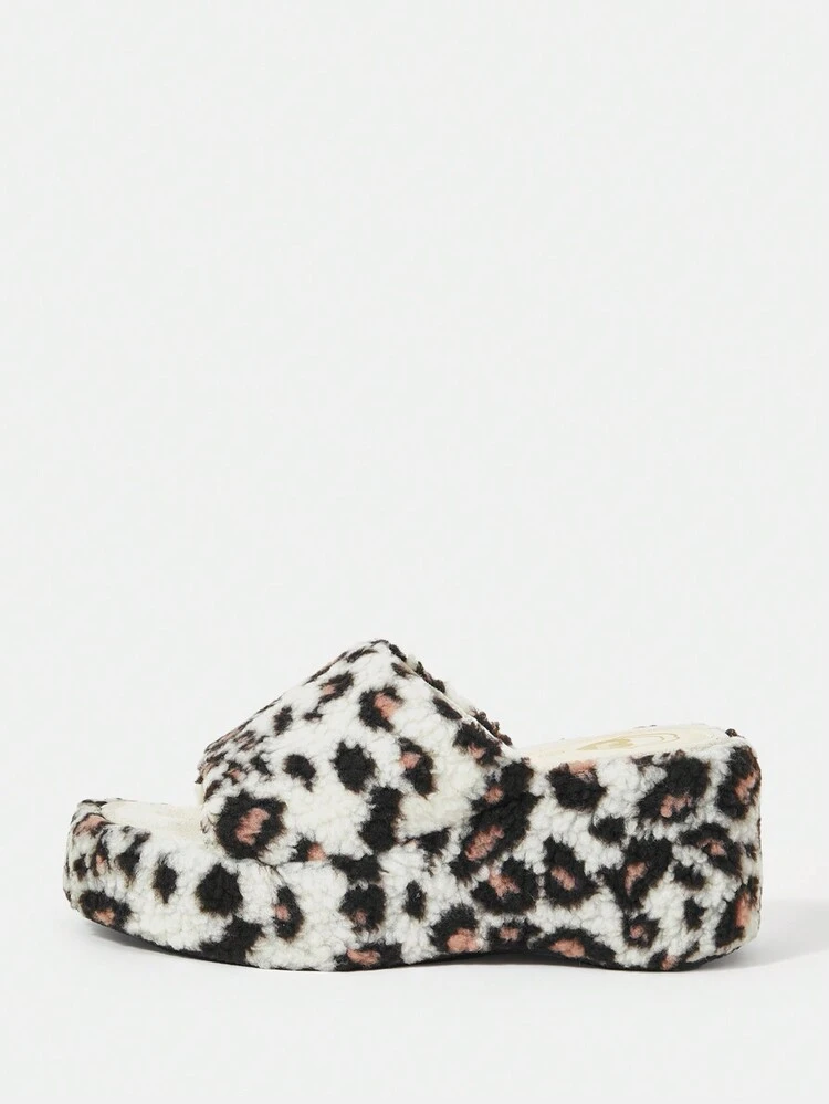 Ladies' White Leopard Print Fluffy Wedge Sandals With Platform, Casual Style New Arrival