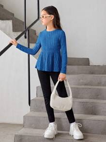 SHEIN Tween 女童休闲圆领娃娃装长袖 T 恤 - 寶藍色 - 查看 6