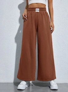 SHEIN PETITE Women's Wide Leg Sweatpants With Patch - Brown - View 1
