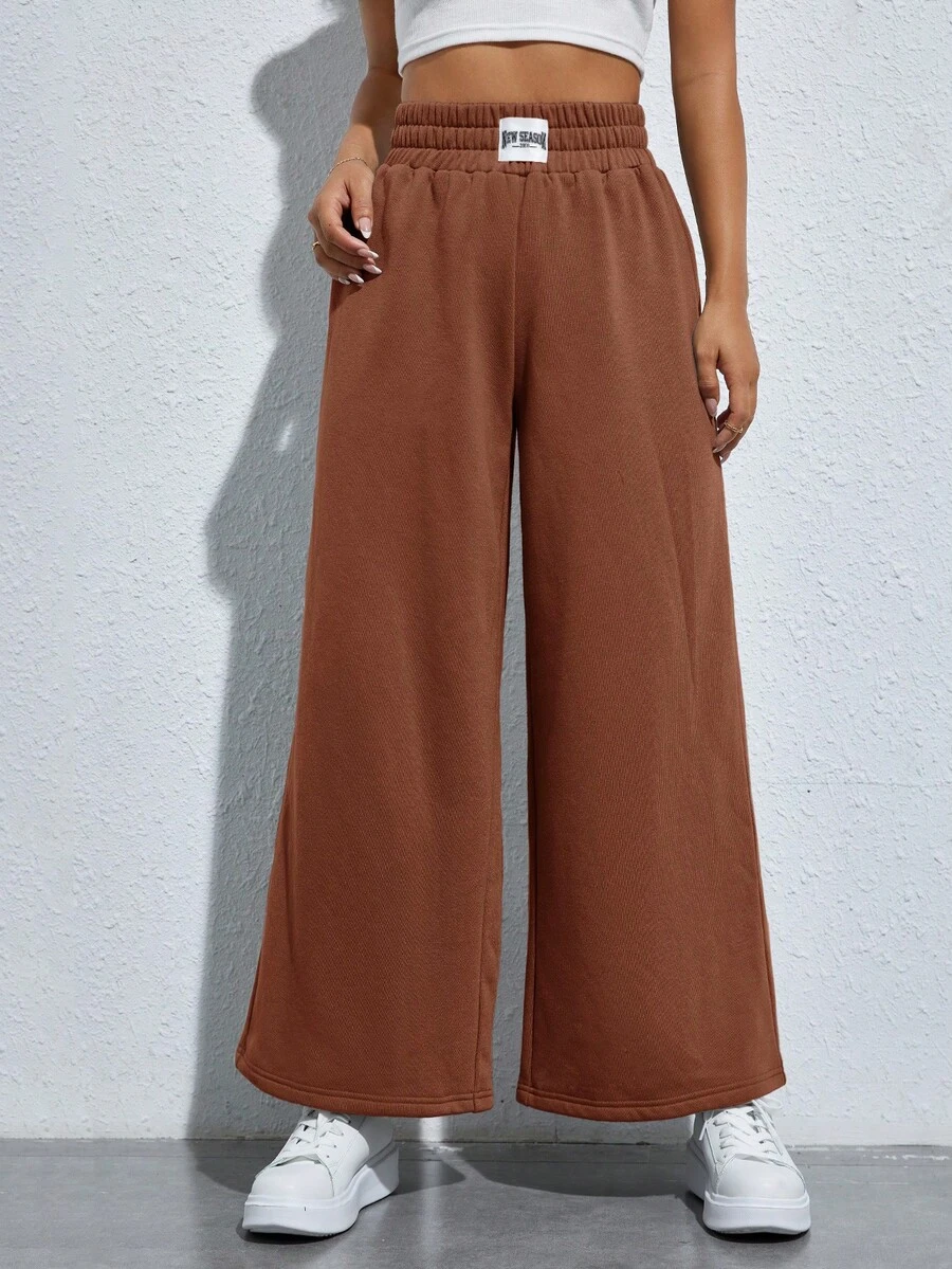SHEIN PETITE Women's Wide Leg Sweatpants With Patch - Brown - View 1