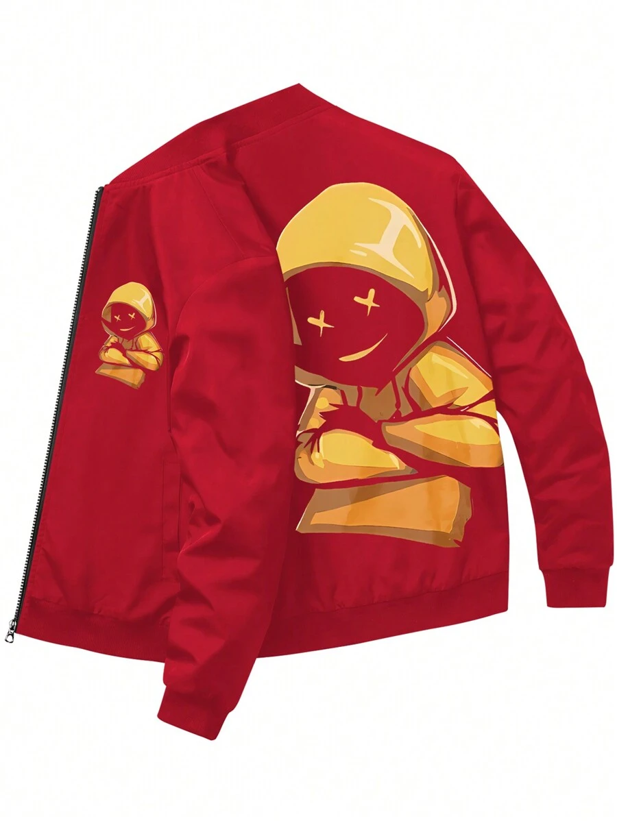 New Men's Jacket Autumn/Winter Sports Outwear Casual Outdoor Running Wear, Fashion Personalized Zipper Front Retro European & American Street Style Printed Men Clothing - Red - View 1