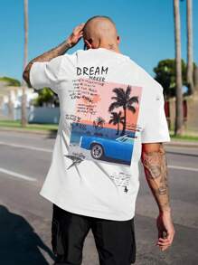 Manfinity RSRT Camiseta de manga corta con cuello redondo, estampado de lema y palmera para hombre, regalo de vacaciones para el novio - Blanco - Ver 6