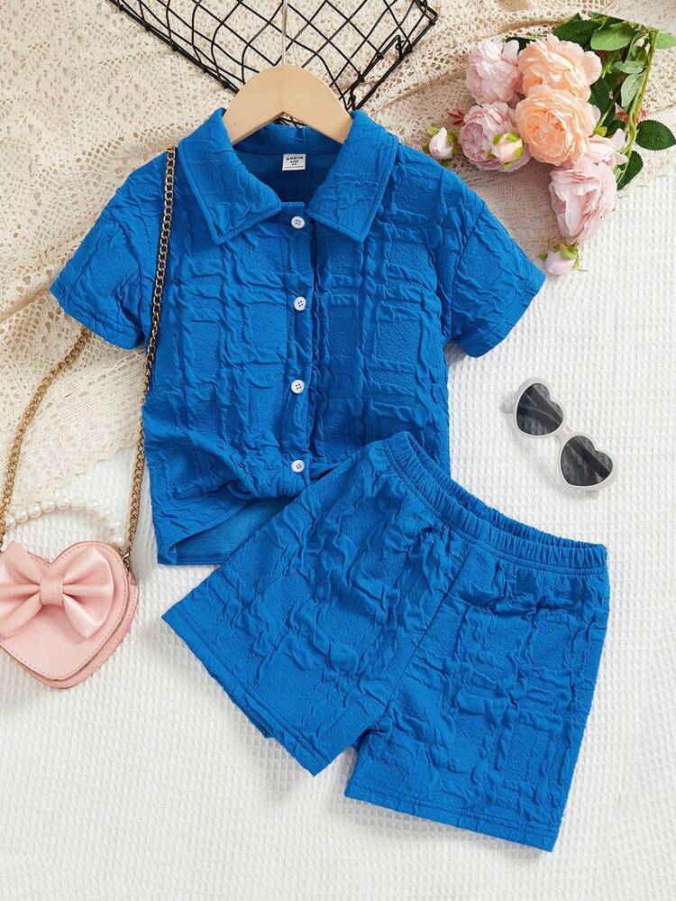 Young Girls Solid Color Textured Button-Down Shirt And Shorts Two-Piece Set