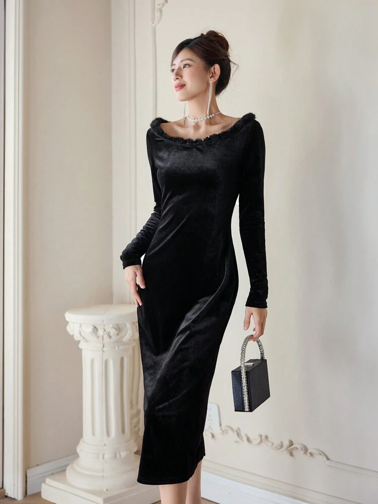 Women'S Velvet Dress With Fur Collar,Fall Dress Long Sleeve Dress