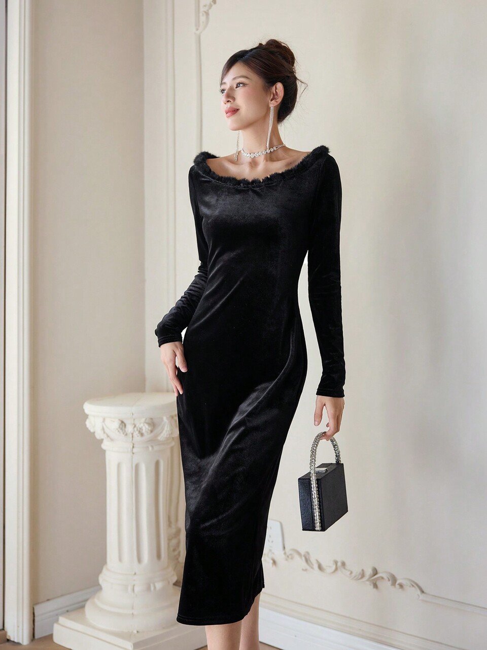 Women'S Velvet Dress With Fur Collar,Fall Dress Long Sleeve Dress