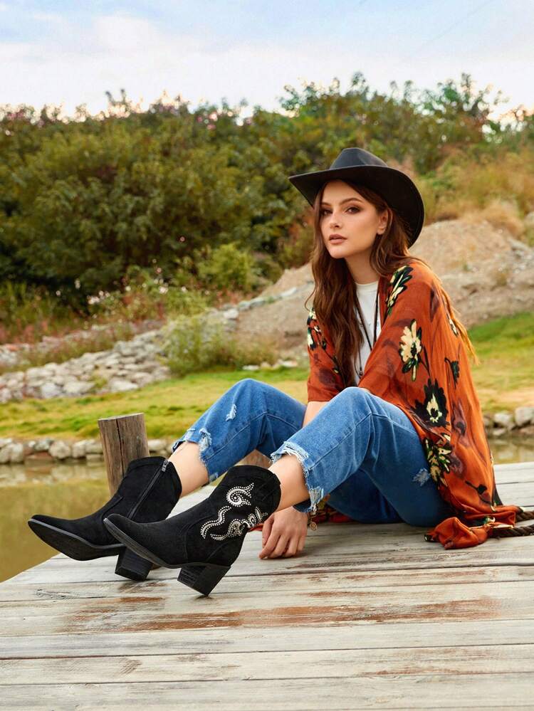 Ladies' Black Slip-on Short Boots With Rhinestone & Embroidery Decoration, Fashionable And Versatile