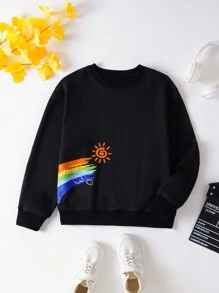 未成年女孩字母印花圓領運動衫 - 黑色 - 查看 1