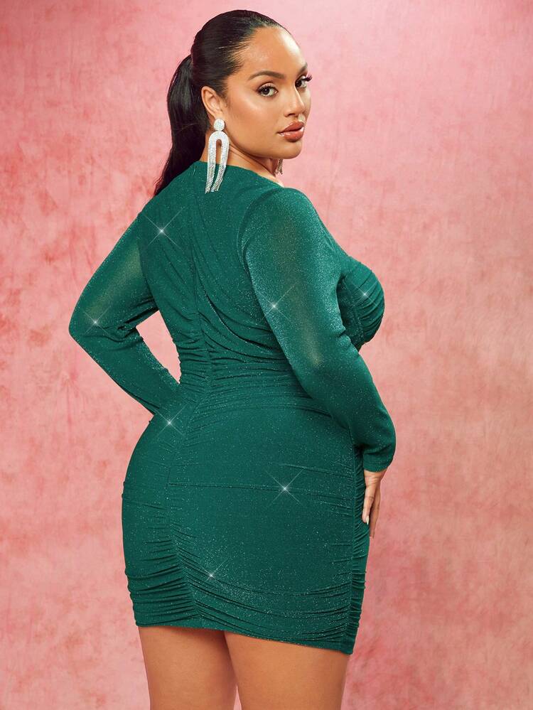 Women's Plus Size Sweetheart Collar Pleated Slim Fit Glitter Dress