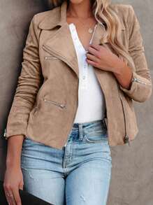 Chiquease Women Suede Zip-Up Motorcycle Jacket With Multiple Zipper Decorations - Khaki - View 3