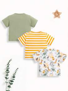 SHEIN Baby Boys' Cartoon Animal Print Striped Round Neck Short Sleeve Top