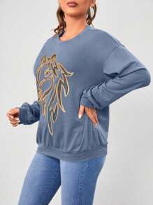 SHEIN LUNE 女馬印花落肩運動衫 - 藍色 - 查看 3