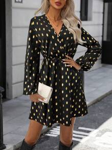 SHEIN LUNE Women's Wrap Dress With Gold Printed Pattern - Black - View 1