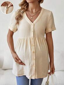 SHEIN Maternity V Neck Button Up Blouse - Khaki - View 5