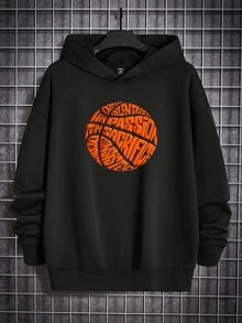 Manfinity Men's Oversized Letter Printed Basketball Pattern Hooded Sweatshirt - Black - View 4