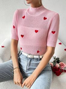 SHEIN LUNE 女款心型刺繡立領針織毛衣 - 粉色 - 查看 4