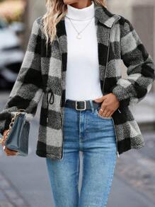 SHEIN LUNE Của phụ nữ Kẻ sọc Lông cừu Dây kéo Áo khoác - Nhiều màu - Xem 5