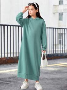 SHEIN Tween 女孩寬鬆復古連帽純色長衛衣連身裙 - 青碧色 - 查看 1