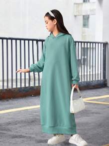 SHEIN Tween 女孩寬鬆復古連帽純色長衛衣連身裙 - 青碧色 - 查看 4