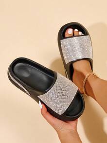 2024春夏新款升級版女厚底涼拖鞋女式水鑽亮面沙灘涼鞋 - 黑色 - 查看 5