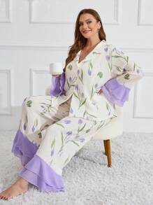 CottageSlumber Conjunto de pijama de manga larga con estampado de tulipanes para mujer de talla grande, ropa de otoño - Albaricoque - View 4