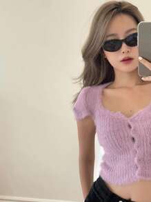 DAZY Của phụ nữ Ngắn Màu thuần Mở Không nút Dệt kim Áo - Hồng - Xem 7