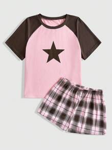 ROMWE Grunge Punk Ladies Pajama Set Raglan Short Sleeve Plaid Shorts Star Offset Print, School - Pink - View 1