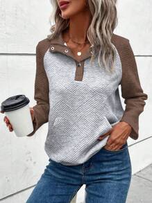 SHEIN LUNE 連結半門襟拼色插肩袖運動衫 - 咖啡棕 - 查看 1