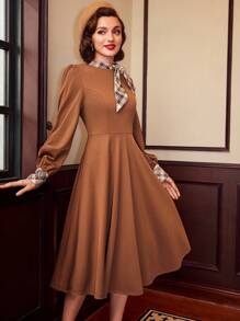 Vintamour Vintage Elegant Women's Plaid Splice Collar Tie Long Sleeve A-Line Dress - Brown - View 4