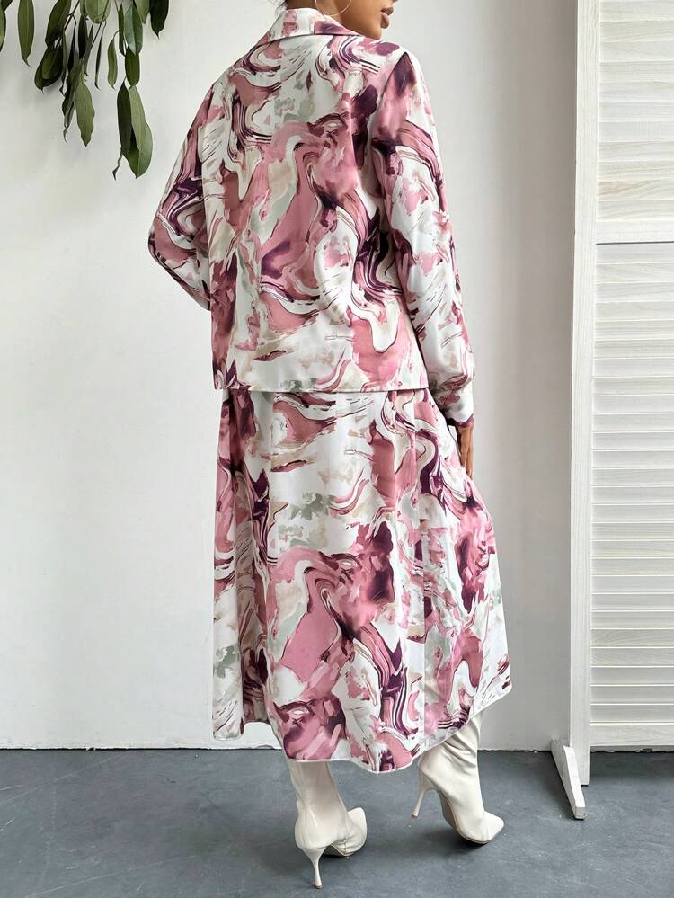 Marble Print Long Sleeve Shirt And Skirt Set