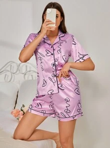 Women'S Heart Print Short Sleeve Pajama Set With Shorts - Pink - View 1