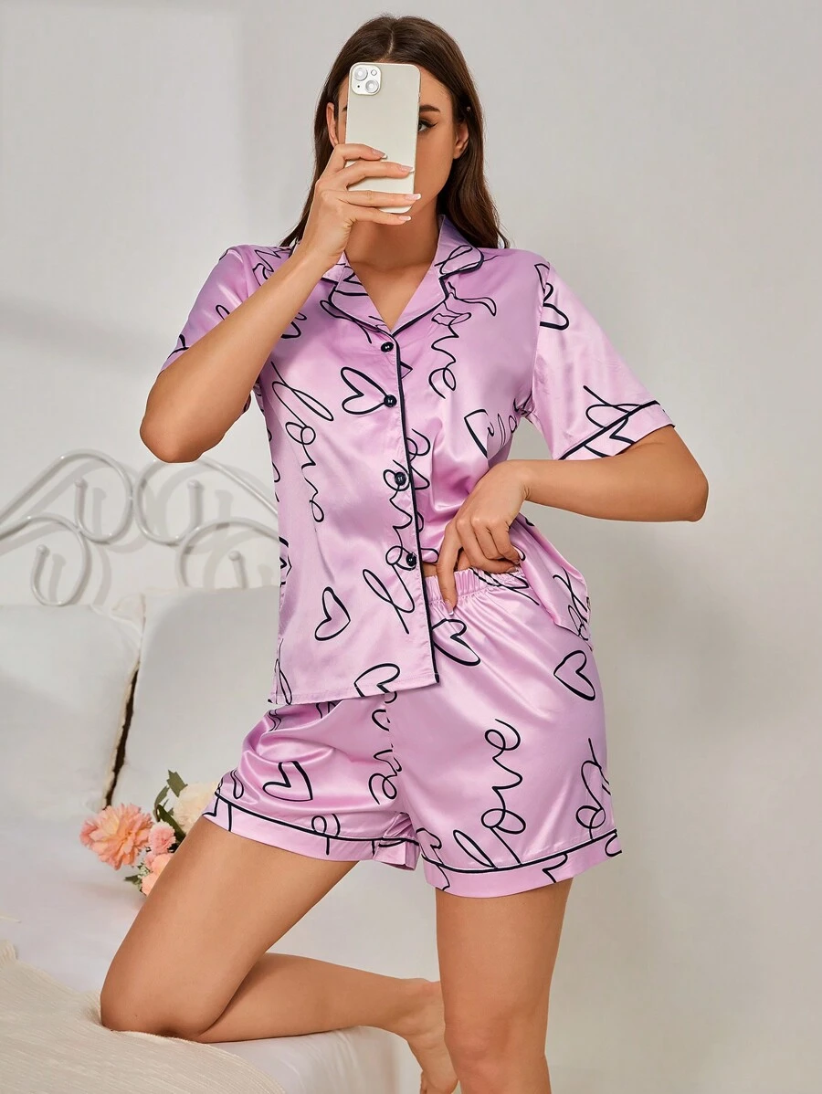 Women'S Heart Print Short Sleeve Pajama Set With Shorts - Pink - View 1