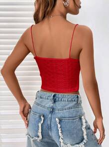 SHEIN EZwear Ren Cắt tỉa Dệt kim Áo ba lỗ Với Lỗ gắn thêu - Đỏ - Xem 2