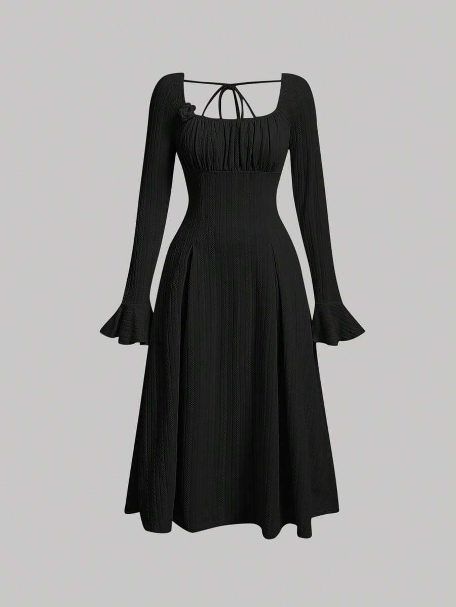 SHEIN MOD Women's Chest Pleated Ruffle Sleeve Dress - Black - View 1