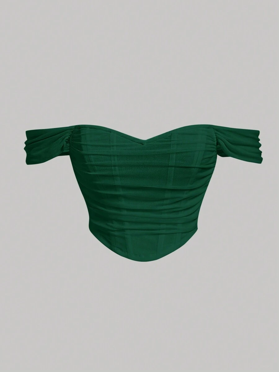 SHEIN MOD Áo trễ vai nhún bèo cỡ lớn cho nữ - Màu xanh lá cây đậm - Xem 1