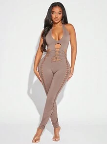 SHEIN SXY Women'S Cross Strap Halter Neck Tight Jumpsuit - Dusty Purple - View 4