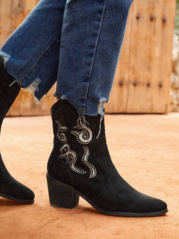 Ladies' Black Slip-on Short Boots With Rhinestone & Embroidery Decoration, Fashionable And Versatile