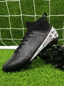 1 Pair All-Season Youth Blue And White Porcelain Soccer Shoes, High-Cut Long Studs Football Cleats For Lawn Games And Training - Black - View 3