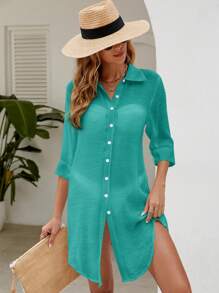 Swim Vcay Summer Beach 1pc Rolled Sleeve Button Up Kimono - Green - View 6