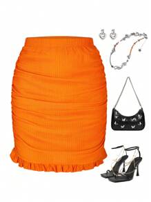 1pc Girls' Elastic Waist Ruffled Hem Skirt For Spring And Summer - Orange - View 1