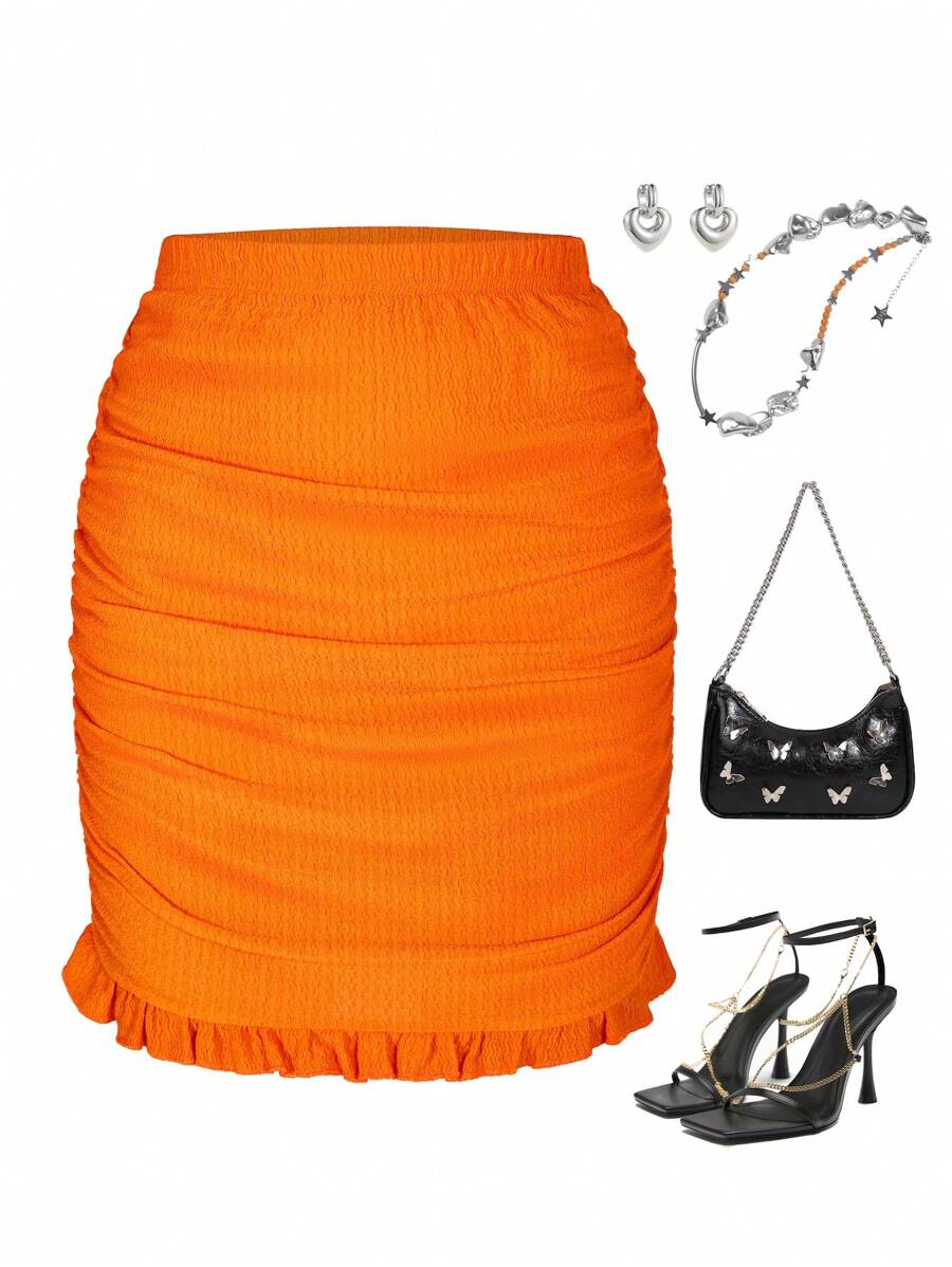 1pc Girls' Elastic Waist Ruffled Hem Skirt For Spring And Summer - Orange - View 1