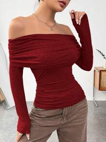 SHEIN EZwear Women's Solid Color Pleated Off Shoulder T-Shirt - Rose Red - View 3
