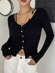 DAZY Women's Black Solid Color Hollow Slim Cardigan - Black - View 4