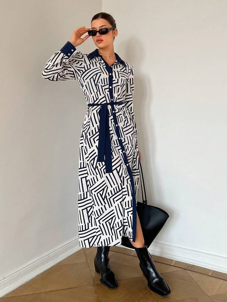 Women'S Printed Button Front Shirt Dress