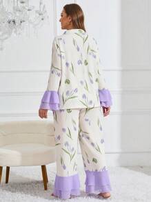 CottageSlumber Conjunto de pijama de manga larga con estampado de tulipanes para mujer de talla grande, ropa de otoño - Albaricoque - View 3