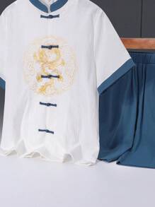 SHEIN Tween Boys' Comoda Camicia Casual A Maniche Corte Con Motivo A Bottoni In Tinta Unita Pantaloncini Hanfu Con Colletto Rialzato