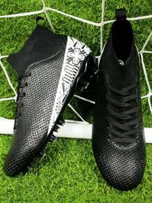 1 Pair All-Season Youth Blue And White Porcelain Soccer Shoes, High-Cut Long Studs Football Cleats For Lawn Games And Training - Black - View 4