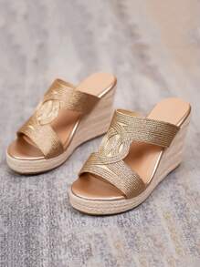 Women Metallic Espadrille Wedge Slide Sandals, Vacation Summer Sandals - Champagne - View 4