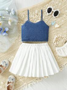 嬰兒女孩丹寧背心上衣和白色百褶裙套裝,優雅可愛的寶寶時尚 - 彩色 - 查看 1