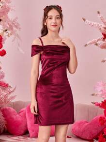 适合聚会的少女露肩天鹅绒连衣裙 - 酒紅色 - 查看 4